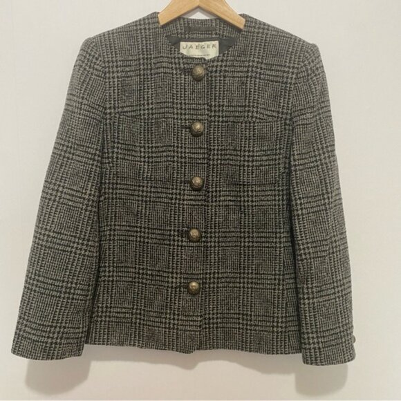 Jaeger Wool Blazer UK 10 US 8 Plaid Check Jacket Crest Buttons Made in Britain - Picture 1 of 11